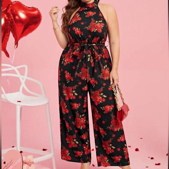 Plus Size Floral Backless Open Back Halter Top Wide Leg Palazzo Pants Jumpsuit - Picture 5 of 7